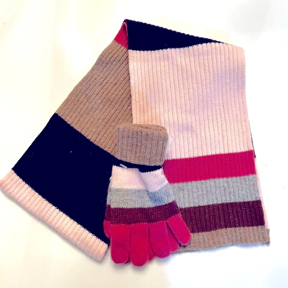 JACADI PARIS Color block wool scarf gloves set pink brown black Made in Italy